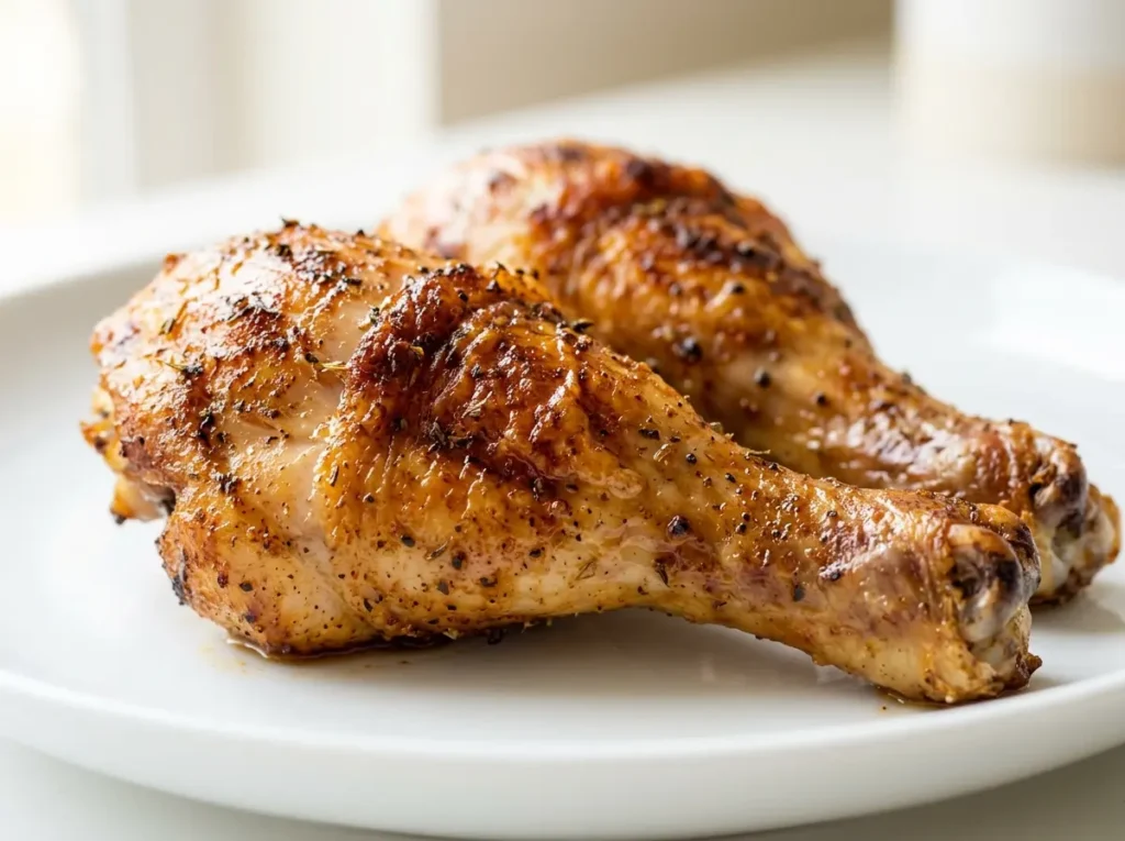 oven baked chicken legs on a white plate with crispy skin and juicy texture
