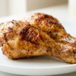 oven baked chicken legs on a white plate with crispy skin and juicy texture
