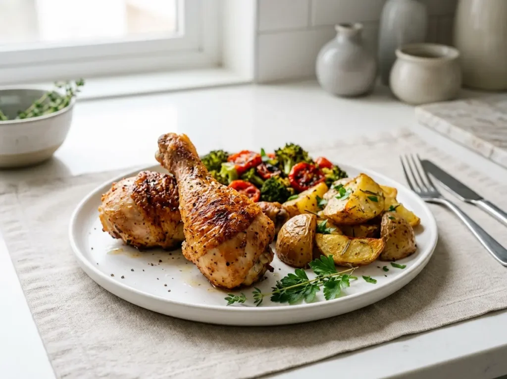 11 Easy Family Dinner Recipes That Actually Work 5 Crispy baked chicken legs served on a white plate with simple sides.