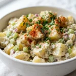 potato salad recipe in a white bowl with creamy dressing herbs and paprika