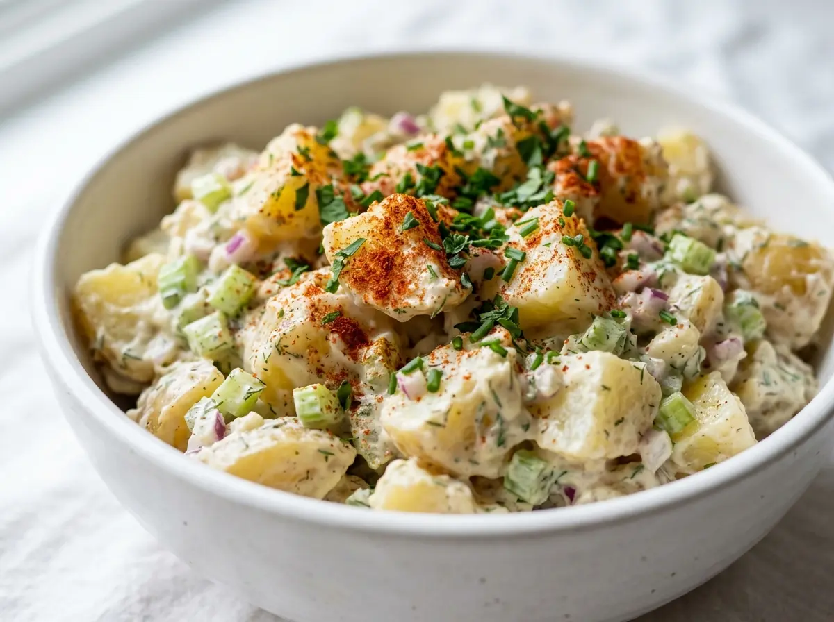 potato salad recipe in a white bowl with creamy dressing herbs and paprika