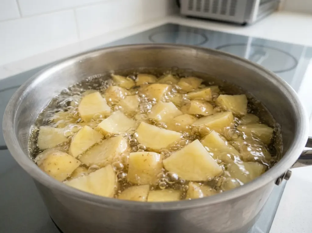 potato salad recipe potatoes boiling in a pot before mixing with dressing