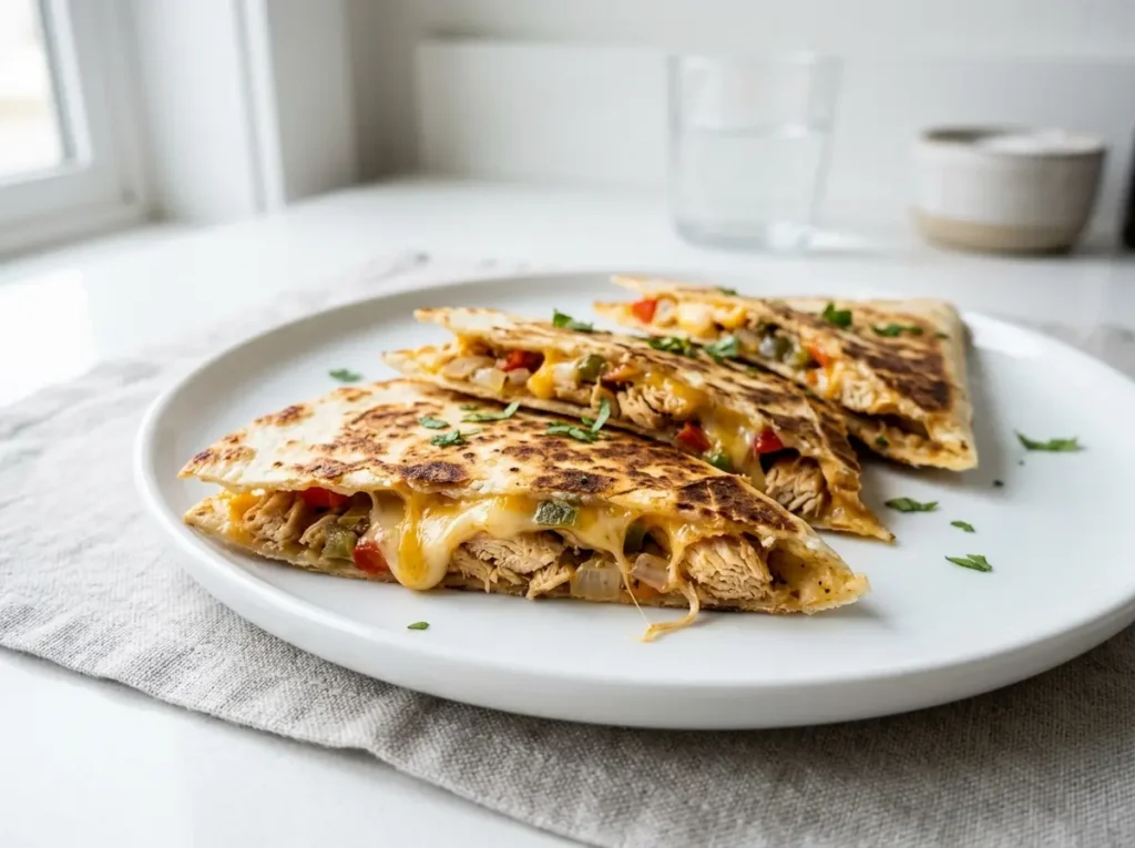 11 Easy Family Dinner Recipes That Actually Work 9 Sliced chicken quesadillas with melted cheese on a white plate.