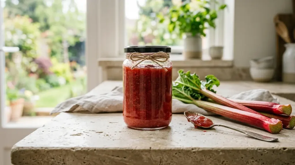 Glass jar of homemade rhubarb jam with fresh rhubarb stalks on a light stone counter.