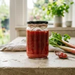 Glass jar of homemade rhubarb jam with fresh rhubarb stalks on a light stone counter.