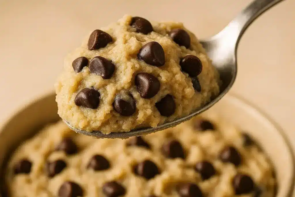 Safe Edible Cookie Dough Closeup Close-up of safe edible cookie dough spooned from a bowl