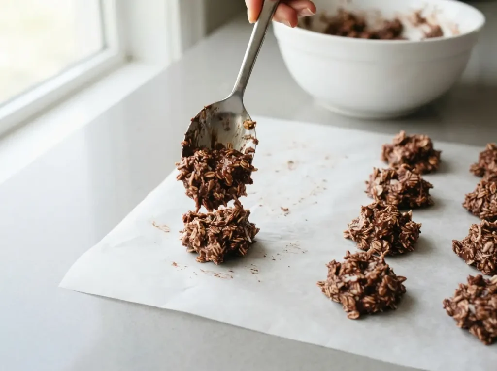 Easy No Bake Cookies Recipe That Sets Every Time 5 Spoonfuls of cookie mixture dropped onto parchment paper.