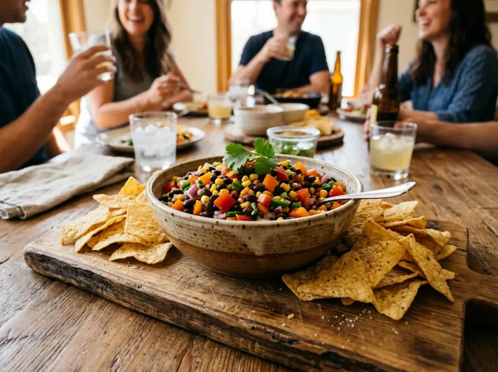 Cowboy caviar served with tortilla chips on a wooden board