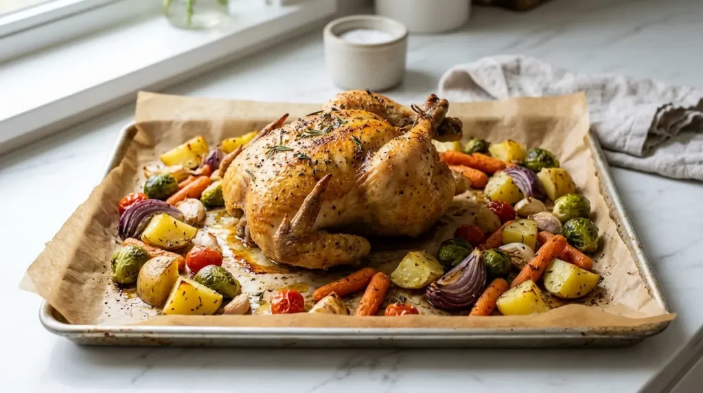 11 Easy Family Dinner Recipes That Actually Work 10 Roasted chicken and vegetables arranged on a clean baking sheet.