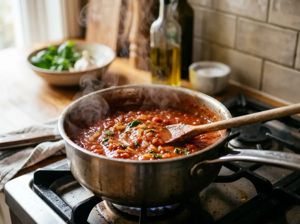 Thick tomato sauce simmering for Chicago deep dish pizza