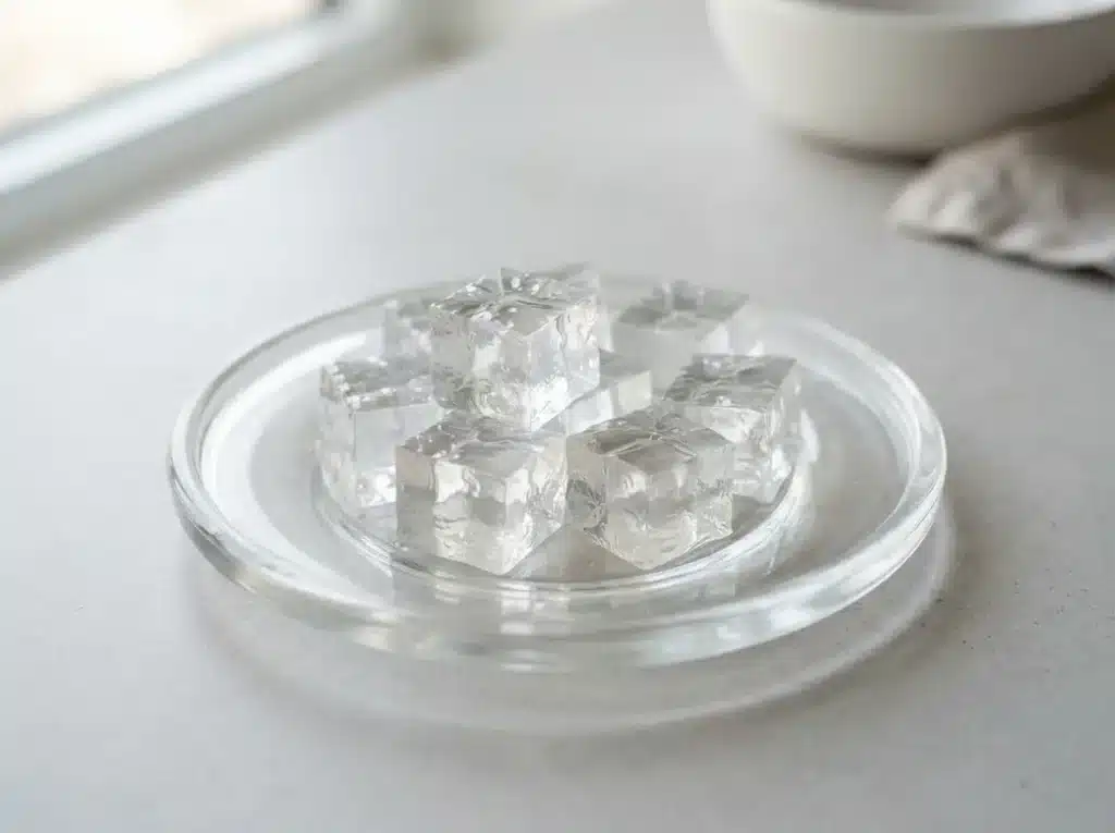 Horse Gelatin vs Beef Gelatin: 5 Shocking Differences Revealed 2 horse gelatin vs beef gelatin : Clear gelatin gel cubes on a small glass plate.