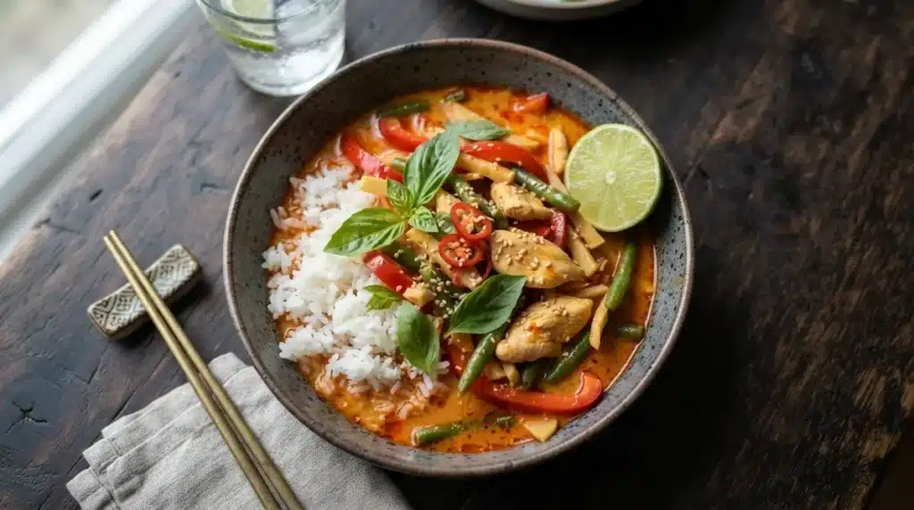 red thai curry recipe with chicken, red bell pepper, and jasmine rice