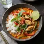 red thai curry recipe with chicken, red bell pepper, and jasmine rice