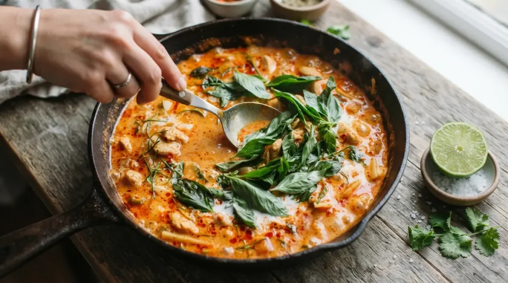 finishing red thai curry recipe with fresh basil and lime