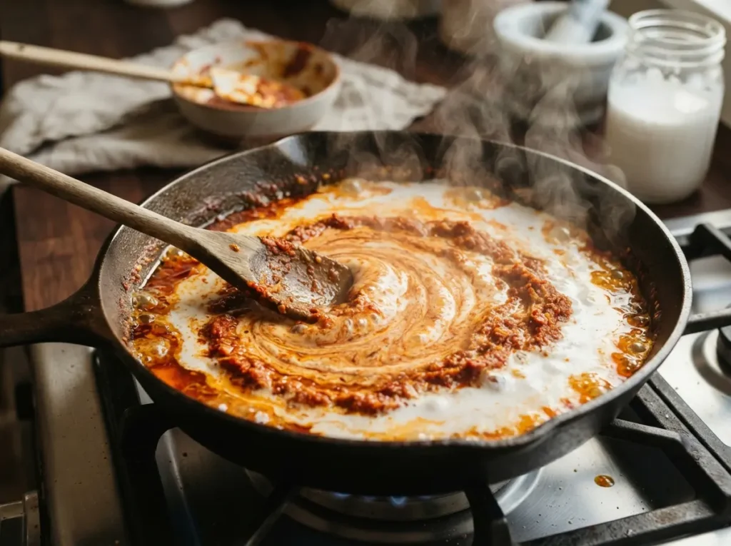 frying curry paste in coconut cream for red thai curry recipe