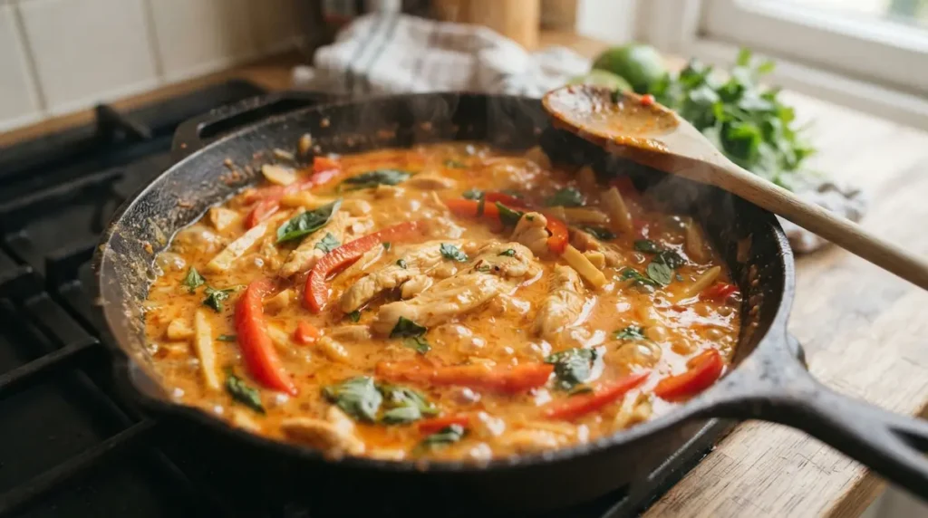 chicken and vegetables simmering in red thai curry recipe sauce